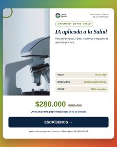 Flyer del diplomado IA aplicada a la Salud de Zañartu Capacita, 110 horas, inicio 6 de octubre de 2026, 100% imputable a SENCE